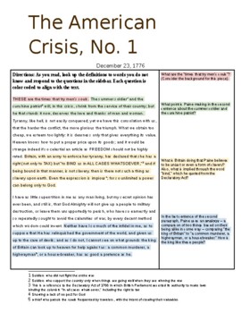 Preview of Thomas Paine, The Crisis, Number 1 Annotated Reading