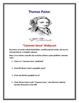 Preview of Thomas Paine and "Common Sense" Webquest (With Answer Key!)