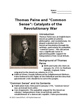 Preview of Thomas Paine and "Common Sense" Worksheet
