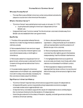 Preview of Thomas Paine's "Common Sense" fact sheet and quiz