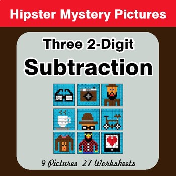Three 2-Digit Subtraction - Color-By-Number Math Mystery Pictures