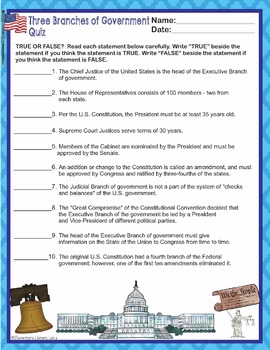 Three 3 Branches of Government Activities Quizzes and Essay Questions