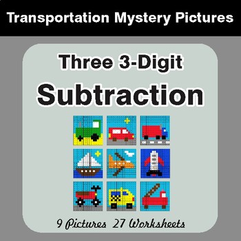 Three 3-Digit Subtraction - Color-By-Number Math Mystery Pictures