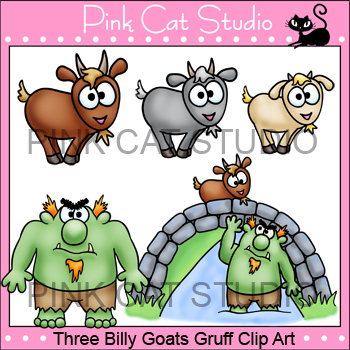 Preview of Three Billy Goats Gruff Clip Art - goats, troll, bridge, meadow