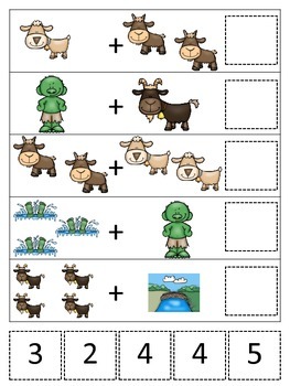Preview of Three Billy Goats Gruff themed Math Addition preschool printable math activity.