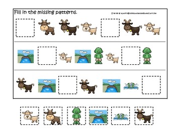 Preview of Three Billy Goats Gruff themed Missing Pattern preschool math educational game.