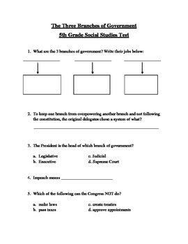 Preview of Three Branches of Government - 5th Grade Test