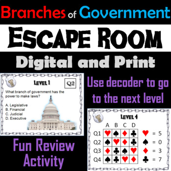 Preview of Branches of Government Activity Escape Room: Civics, Constitution Bill of Rights