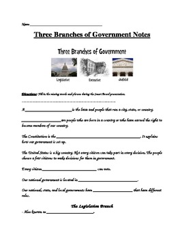 Preview of Three Branches of Government- Guided Notes and Assessment