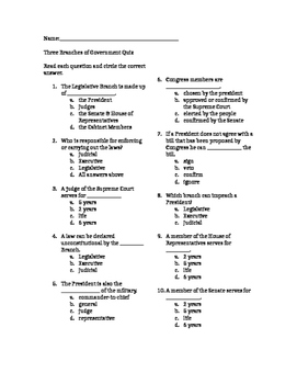 Preview of Three Branches of Government Quiz