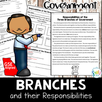 Preview of Three Branches of Government Reading Packet *3rd GRADE* (SS3CG1c) GSE Aligned