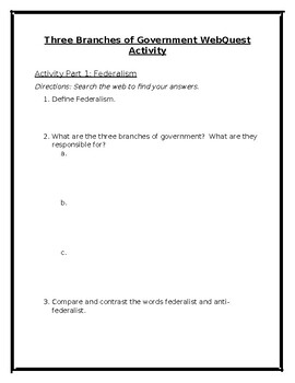 Three Branches of Government WebQuest by The CrimJustice Teacher