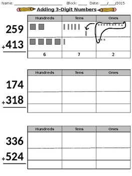 Preview of Three-Digit Addition Practice with Place Value Blocks