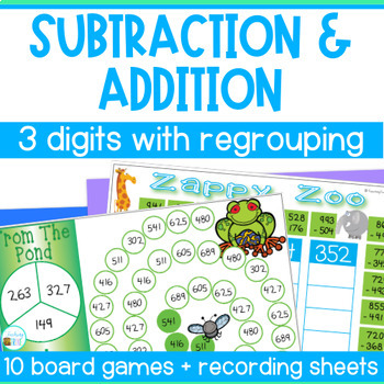 Preview of Three Digit Addition and Subtraction with Regrouping - Fun Math Board Games