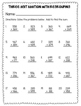 three digit addition and subtraction with and without regrouping printables