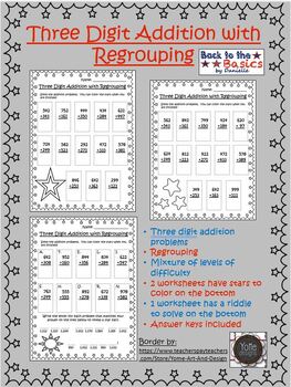 Preview of Three Digit Addition with Regrouping Stars Theme Distance Learning Packets