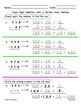 Three Digit Addition with Regrouping using Partial Sums / Break Apart