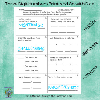 Preview of Three Digit Numbers Second Grade Math Game with Dice