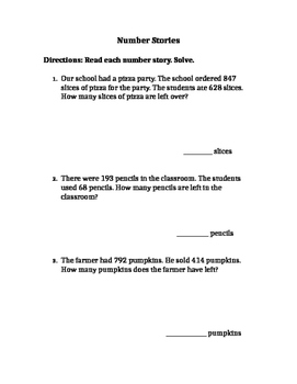 Preview of Three Digit Subtraction Word Problem Regroup Tens