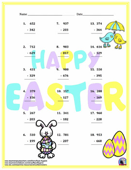 Three Digit Subtraction Worksheets - Easter Themed Worksheets- Vertical