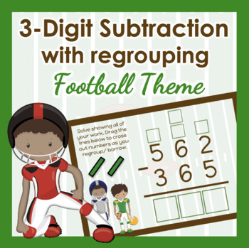 Preview of Three Digit Subtraction with Regrouping (Football Theme) Digital Boom Cards™
