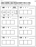 Three Digits by One Digit Area Model Multiplication Worksheets