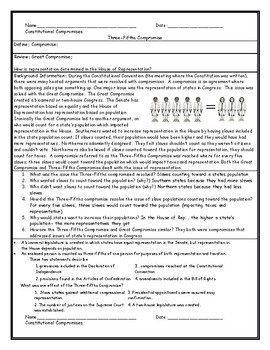 Preview of Three-Fifths Compromise Worksheet with Answer Key