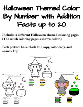 Preview of Three Halloween Themed Color By Number Pages with Addition Facts to 20