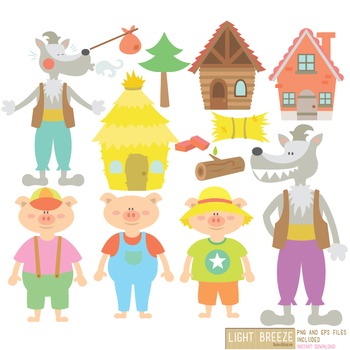 Preview of Fairy Tale Three Little Pigs Digital Clipart & Vector Set