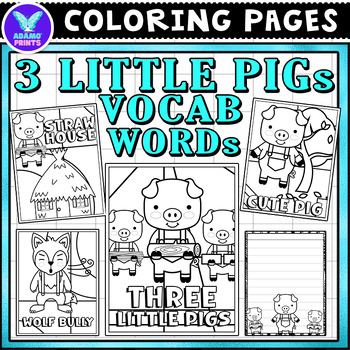 Preview of Three Little Pigs Vocab Words Coloring Pages & Writing Paper ELA No PREP