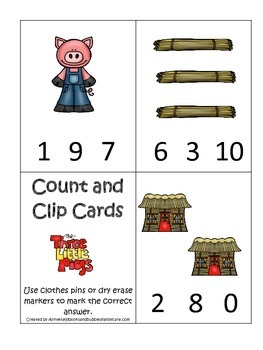 Preview of Three Little Pigs themed Count and Clip preschool math cards.  Daycare games.