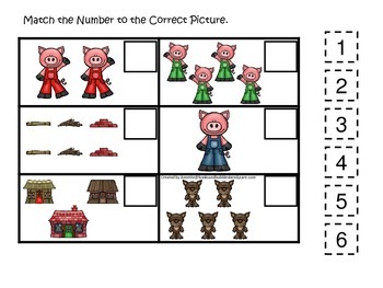 Preview of Three Little Pigs themed Match the Number preschool math and numbers game.