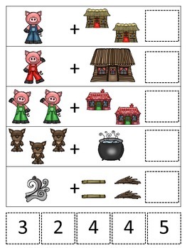 Three Little Pigs themed Math Addition preschool printable math activity.