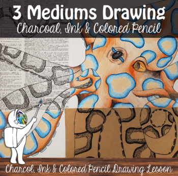 Preview of Three Mediums Drawing Lesson, High School, Middle School Art Project