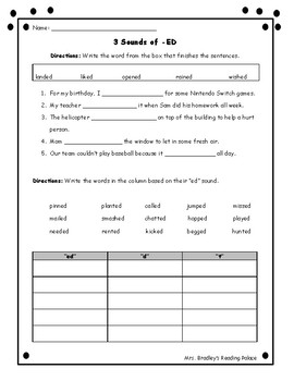 Three Sounds of -ED Worksheet Ed, d, t by Mrs Bradleys Reading Palace