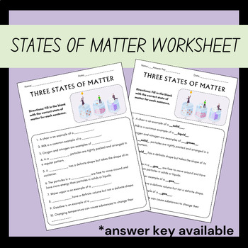 Preview of States of Matter Science Activity Worksheet for 5th Grade
