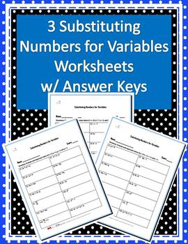 Preview of Three Substituting Numbers for Variables Worksheets w/ Answer Keys