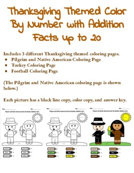 Preview of Three Thanksgiving Color By Number Pages with Addition Facts / Color By Code