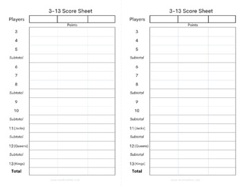 Printable Three Thirteen Score Sheets 3-13 Card Game Score 