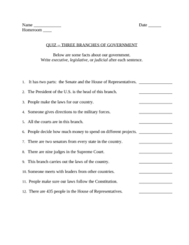 Preview of Three branches of US government - quiz or worksheet