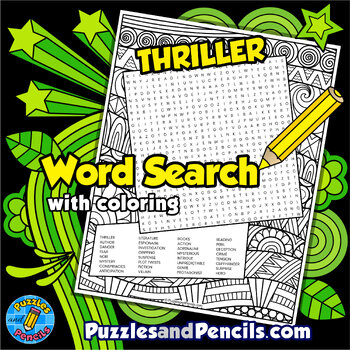 Preview of Thriller Word Search Puzzle Activity with Coloring | Literature Genre Wordsearch