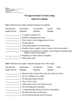 Preview of Through the Tunnel by Doris Lessing Figurative Language Worksheet & KEY