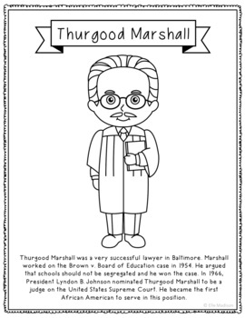 Thurgood Marshall Biography Coloring Page Craft or Poster, African American