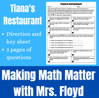 Preview of Tiana's Restaurant- Math Movie Sheet