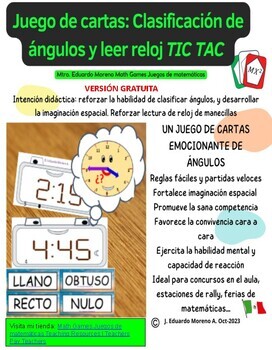 Preview of Juego de mesa de cartas. Clasificar ángulos y leer reloj de manecillas "Tic Tac"