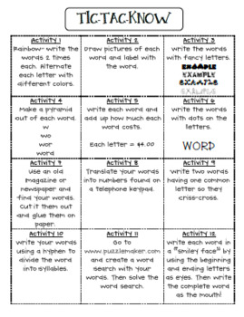 Preview of Tic-Tac-Know Word Work Spelling Homework Idea Wordly Wise Word Practice