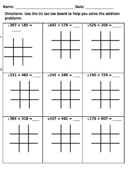 Preview of Tic Tac Toe 3 digit addition