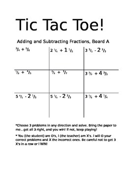 Preview of Tic Tac Toe: Adding and Subtracting Fractions and Mixed Numbers