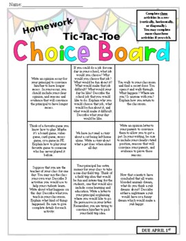 Preview of Tic-Tac-Toe Writing Homework Choice Board