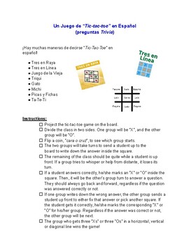 Preview of Tic-Tac-Toe en Español (Trivia Questions)